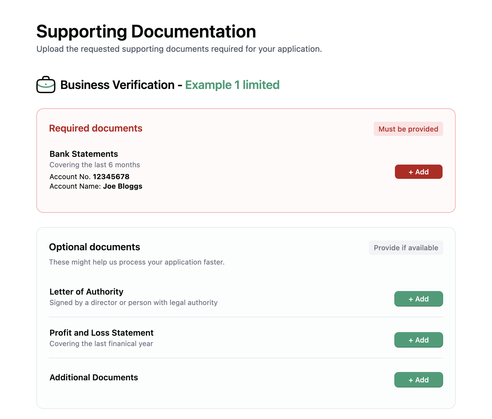 Supporting documentation request with required and optional documents