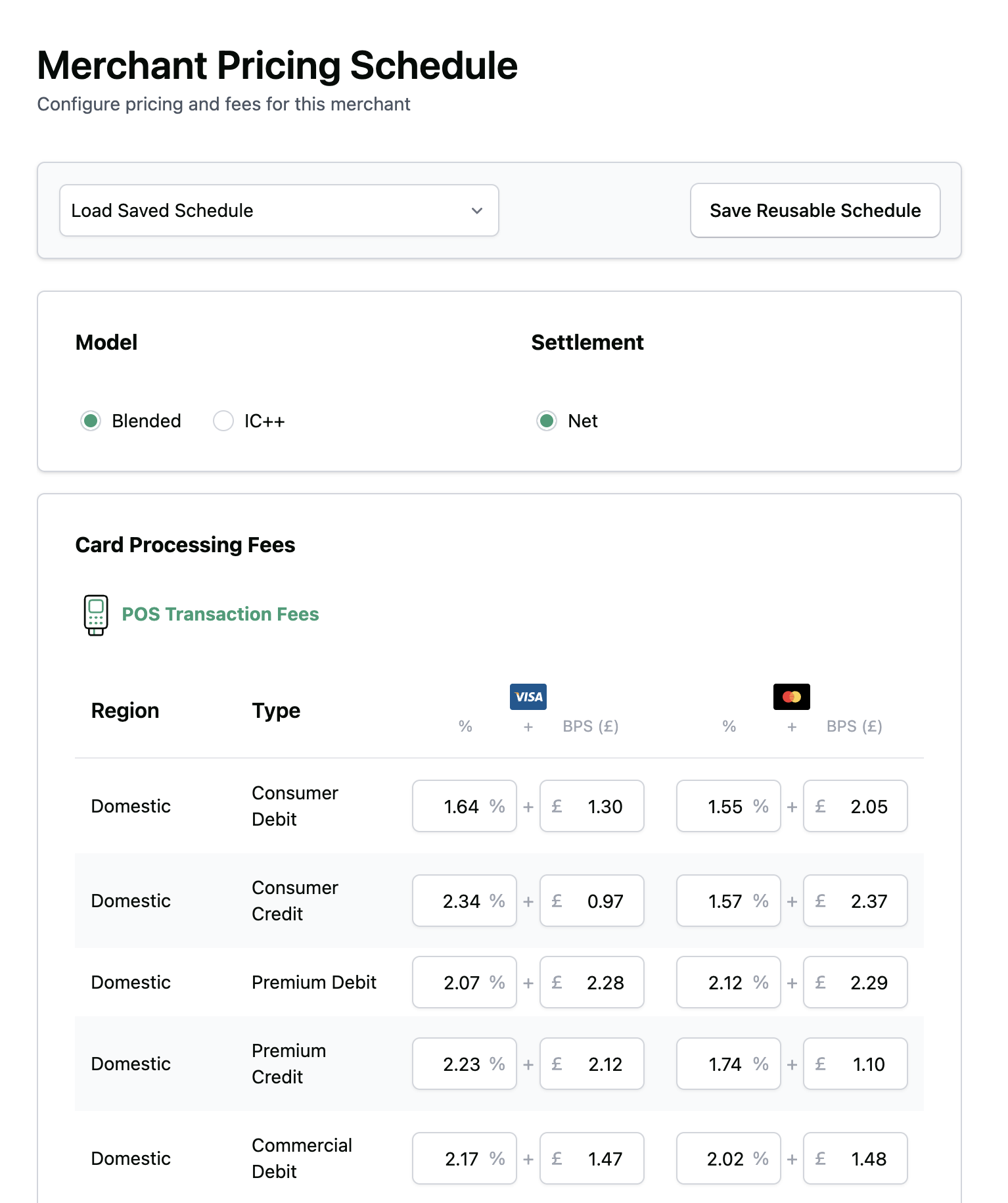 Merchant pricing schedule with card processing fees per scheme and card type