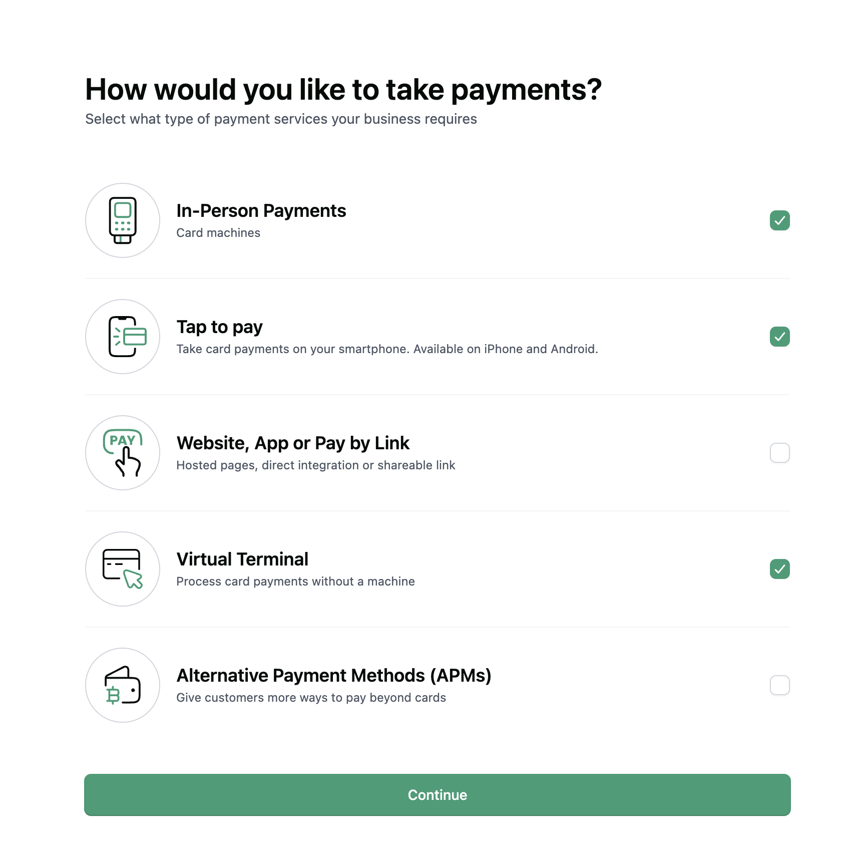 Product selection step: in-person payments, tap to pay, website, virtual terminal, APMs